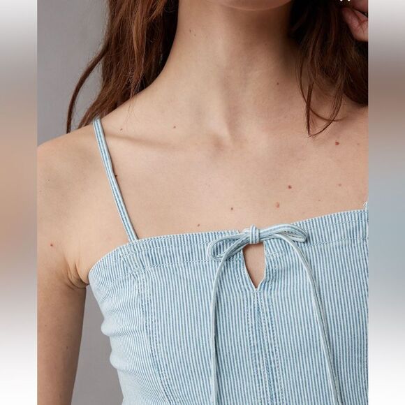 AE Light Blue Pin Stripe Vintage Wash Railroad Denim Cropped Spaghetti Top - Picture 5 of 17